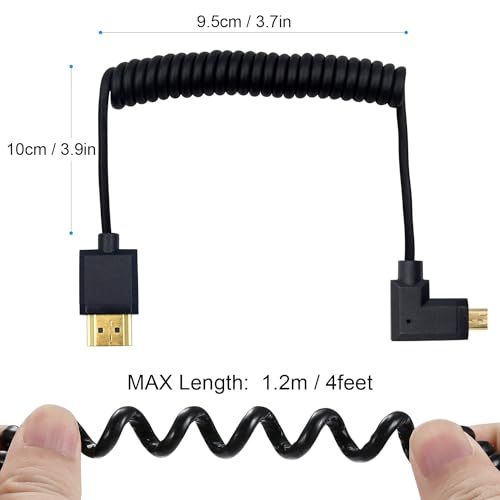 Duttek Extreme Slim Micro HDMI to HDMI Coiled Cable, Right Angled HDMI to Micro HDMI Cable 4K@60Hz 18Gpbs for Camera Monitors, Capture Cards + More,1080P, 4K@60Hz, HD, 3D 1FT-4FT - size: Right Angled 1.2M