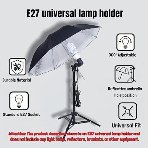 E27 Lamp Holder with Umbrella Bracket, 360° Adjustable Photography Light Stand Mount with 1.8M Cable & Switch, Nylon E27 Socket for Studio Video Recording, Live Streaming, and Continuous Lighting
