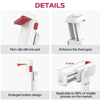 ULANZI Phone Tripod Mount ST-06S White, Universal Smartphone Mount Adapter with 2 Cold Shoe, 360° Rotates and Adjustable Cell Phone Clip Clamp Holder, Compatible with iPhone, Samsung Galaxy and More - color: White