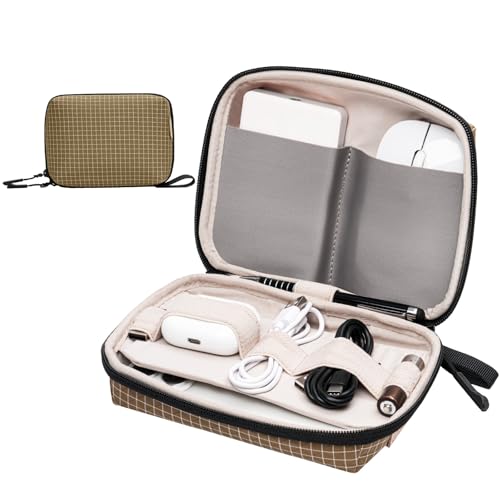 SIMTOP Electronics Organizer Cord Organizer Travel, Small Tech Bag for Cords, Chargers, Power Bank, Earbuds – Portable Cable Pouch for Office, Business Trip, Commute – Water & Scratch-Resistant - color: Brown Plaid