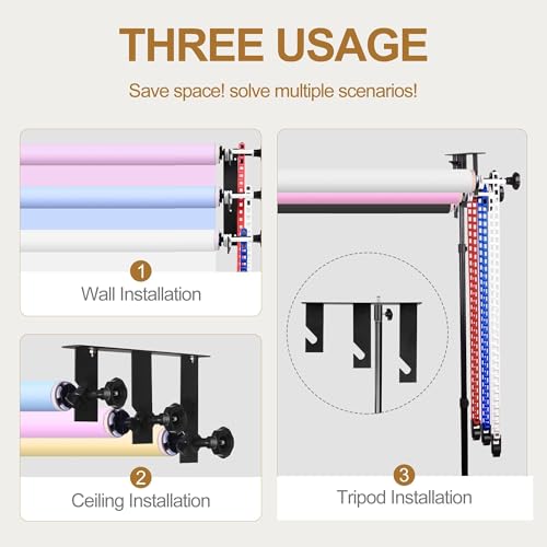 EMART Photography Backdrop Wall Mount 3 Roller Support System with 2 x Tri-fold Hooks, 6 x Expand Bar, 3 x Chain, Manual Photo Background Holder, Ceiling Mounted for Studio Live Streaming Game Video - size: 3 chains