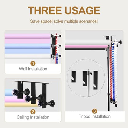 EMART Photography Backdrop Wall Mount 3 Roller Support System with 2 x Tri-fold Hooks, 6 x Expand Bar, 3 x Chain, Manual Photo Background Holder, Ceiling Mounted for Studio Live Streaming Game Video - size: 3 chains