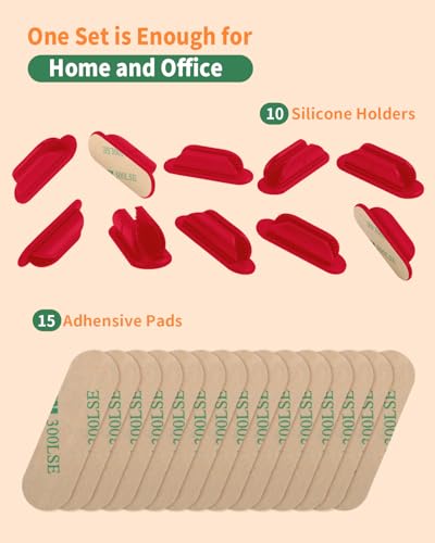 Tiizze Adhesive Pencil Holders for Desk Set of 10 - Silicone Pen Holder with 15 PCS Upgraded Adhesive Pads - Flexible Pencil Holder for Walls Clipboards, Office Essentials Accessories Teacher Supplies - color: Red