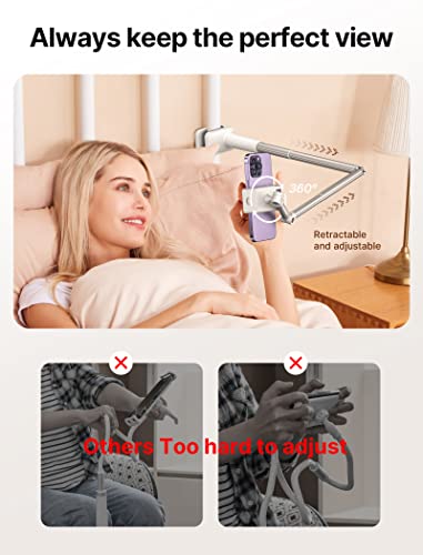 JSAUX Phone Holder for Desk and Bed Compatible with iPhone 16 15 14 13 12 Overhead Phone Mount Gooseneck Phone Stand Flexible 360 Lazy Long Arm Clamp Clip for Table Bedside [1-Pack, White] - color: White