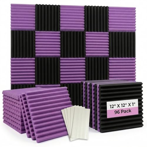96 Pack Black/purple 12 "X 12 "X1" Acoustic Panels Studio Soundproofing Foam Wedge Tiles (Accompanied By Double-Sided Adhesive Tape) - color: Black/purple