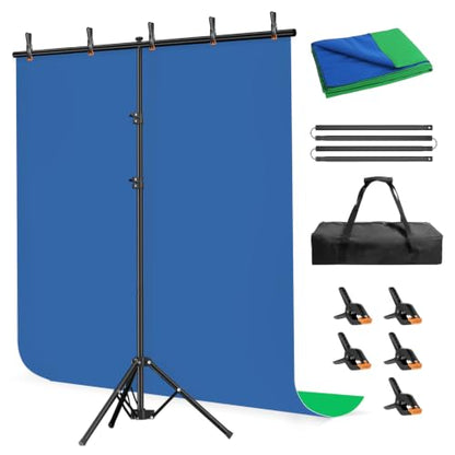 Blue Green Screen Backdrop Stand Kit, 5x6.5ft Portable T-Shaped Stand with Reverse Folding Base, 2-in-1 Reversible Background with 5 Clamps for Streaming, Zoom, Photography, Video Recording