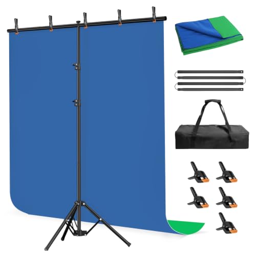 Blue Green Screen Backdrop Stand Kit, 5x6.5ft Portable T-Shaped Stand with Reverse Folding Base, 2-in-1 Reversible Background with 5 Clamps for Streaming, Zoom, Photography, Video Recording