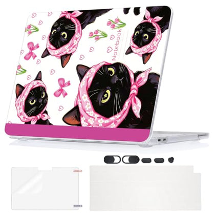 Ultra Slim Case for 2026 MacBook Neo 13 Inch (A3404, A18 Pro), 5 in 1 Kit with Screen Protector, Keyboard Cover, Webcam Cover & Dust Plugs, Cute Black Cat & Dainty Pink Tulip Floral - color: Funny Black Cat