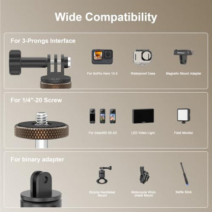Mini Ball Head, Aluminum Vertical Bracket Tripod Adapter, 360° Rotation Camera Tripod Swivel Mount, 1/4" Screw to 2-Prong Conversion Adapter Compatible with GoPro, DJI Osmo/Pocket, Insta360, AKASO - color: S3020.
