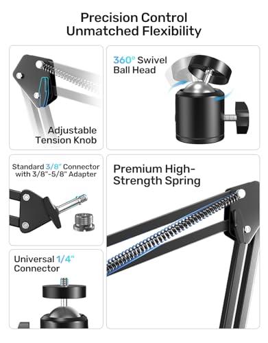 Webcam Stand, Boom Arm Camera Mount Stand for Logitech Webcam BRIO 4K C920 C920S C922 C922x C925e C930 NexiGo N60, 1/4"-3/8" and 3/8"-5/8" Screw for Blue Yeti Snowball Yeti Nano and Other Mics - size: 13.1" - 26.2" in height