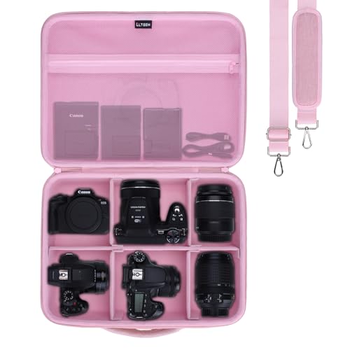 L LTGEM Large Camera Case Compatible with Canon/Sony/Nikon DSLR Mirrorless Camera and Multiple Lens, Hard Travel Carrying Case with 5 Dividers and Shoulder Strap, Pink - color: Pink, size: Large