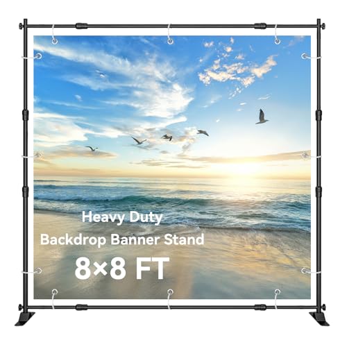 8×8‘ Backdrop Stand Banner Stand Kit with Carry Bag Heavy-Duty Photography Step & Repeat Stand Height and Width Adjustable for Photo Booth Events Weddings Studio Displays - size: 8×8’