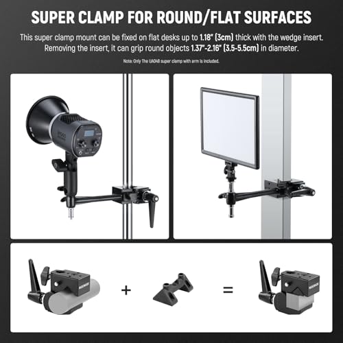 NEEWER Super Clamp with 6" Extension Arm, 5/8" Stud, 2.4" Jaw Grip Heavy Duty Crab Pole Clamp for Round Pipe Flat Surface,for Photography Studio Camera Lighting Mounting, Max Load 33lb/15kg - style: UA048