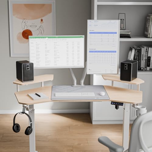 EUREKA ERGONOMIC Aero 55 Inch W Shaped Electric Standing Desk, Height Adjustable Computer Gaming Desk with LED Monitor Shelf, Mouse Pad, Headphone Hook, Cup Holder, Natural Maple - color: Maple, size: 55"W x 35"H-Adjustable
