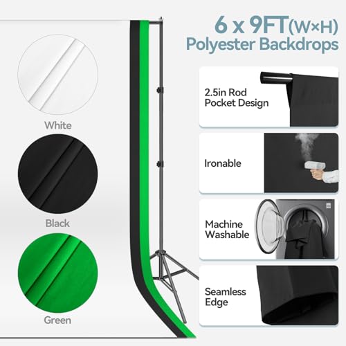 7x10 FT Photography Background Support System, Adjustable Photo Video Studio Backdop Stand Kit with 3 Polyster Background (Black, White, Green), Spring Clamps, Sandbags and Carry Bag - color: Green, Black, White