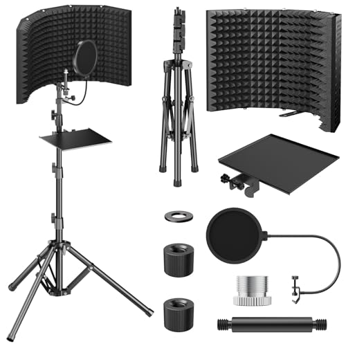 TONOR Isolation Shield Pack for Mic, Acoustic Foam Shield with Pop Filter & Tripod Stand, Foldable Design, Compatible with Blue Yeti, AT2020, Recording, Podcasts, Singing, Max 70 inch, Stand Included - size: Large (for floor)