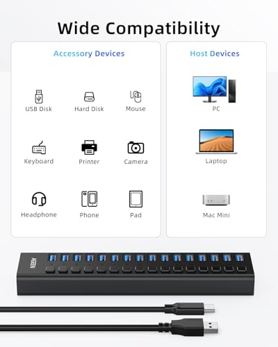 AGEEN 16-Port USB 3.2 Gen 2 Hub, 10Gbps High-Speed Aluminum Powered Hub with 96W Adapter, Individual Switches & Surge Protection for PC/Laptop, Flash Drive, Printer, Camera