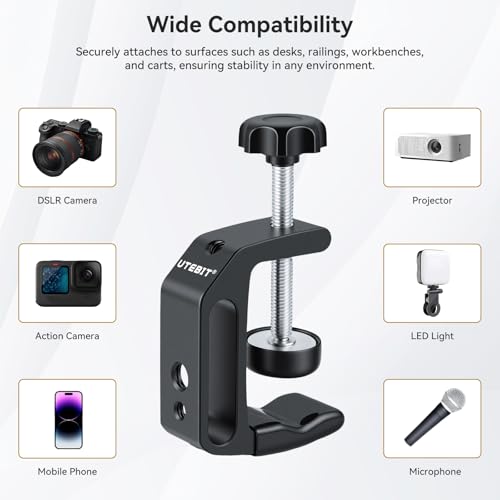 UTEBIT 1Pcs Aluminum Alloy C-Clamp for Desktop Mount Holder, 0.36-1.2 inch | Aluminum Universal Table Clamp with 1/4 and 3/8 Thread Hole, Desktop DSLR Mount for Shelves, Desk, Rods, Camera - size: 0.36-1.57 inch