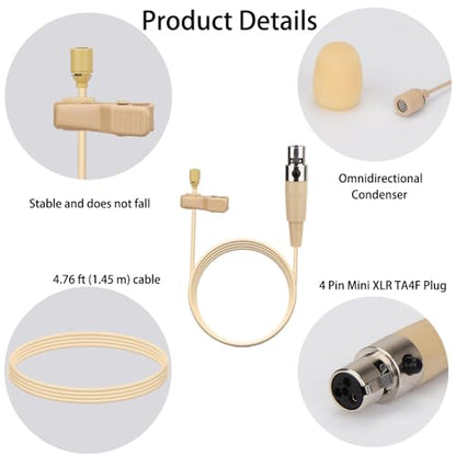 YXG Lavalier Microphone Lapel Microphone, Omnidirectional Condenser mic Compatible with Shure Wireless Bodypack Transmitter, Beige-with 1.45m Cable Mini XLR 4 Pin TA4F Plug