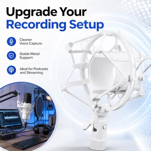 DECHOUS Studio Condenser Microphone Shock Mount with 52mm White Metal Anti-vibration Holder for Desktop Recording and Broadcast Boom Mic Stand