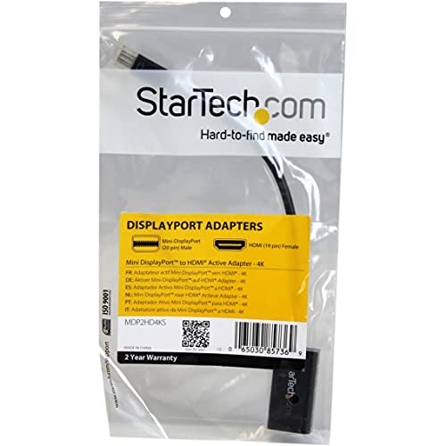 StarTech Active Mini DP to HDMI Adapter, 4K 30Hz, 1080p, DPCP (MDP2HD4KS) | mDP to HDMI Video Converter, Thunderbolt 1/2 Mac/PC to Monitor/TV, 7.1ch Audio, HDCP 1.4, No Drivers, 3840x2160, 1920 x 1200 - color: Black, style: 4K 30Hz