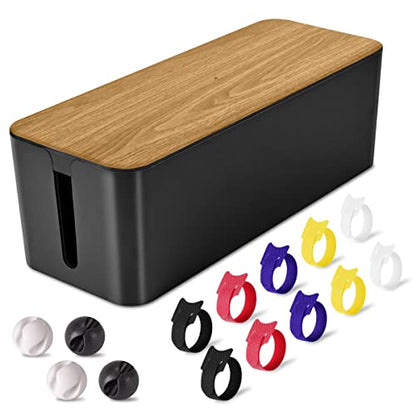Cable Management Box Large - Wooden Grain Cable Organizer Box to Hide Wires&Power Strips,TV&Desk Computer Wires,with Cable Clips&Reusable Cable Ties for Home&Office(Black) - color: Wooden Black