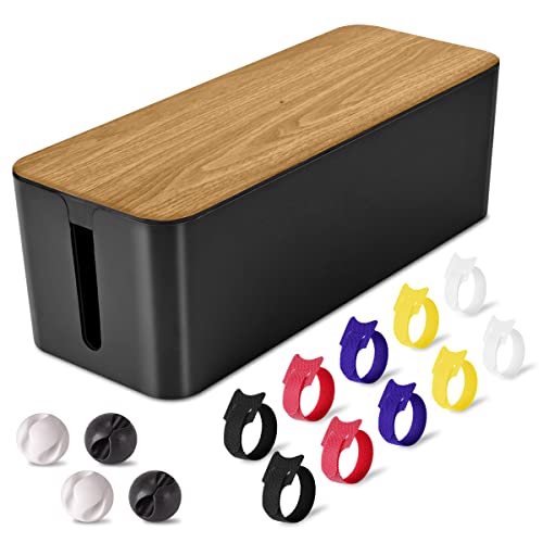 Cable Management Box Large - Wooden Grain Cable Organizer Box to Hide Wires&Power Strips,TV&Desk Computer Wires,with Cable Clips&Reusable Cable Ties for Home&Office(Black) - color: Wooden Black