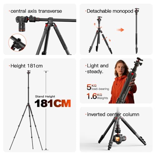 COMAN 72" Overhead Tripod, Camera Tripod with Center Column and 360 Degree Ball Head, Detachable Monopod with Arca QR Plate, Horizontal Tripod for Camera, DSLR, Max Load 11 lbs - color: KX3939MINI-A32