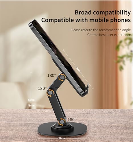 360° Rotating Cell Phone Stand for Desk, Adjustable & Foldable Phone Holder, Aluminum Desktop Phone Stand with Anti-Slip Base, Compatible with iPhone, iPad, Android Phones, K69-Black