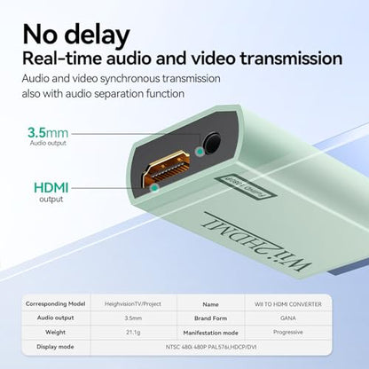 GANA Wii to HDMI Converter Adapter with Hdmi Cable Connect Wii Console to HDMI Display in 1080p Output Video with 3.5mm Audio Supports All Wii Display Modes Turquoise - color: wii to hdmi Turquoise