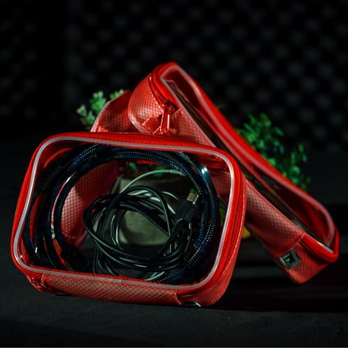 Filmsticks Set of 3 Transparent TPU Storage Cases, Red, Small Medium Large, 170 x 50 x 135 mm to 250 x 50 x 160 mm, Clear Zip Organisers for Camera Gear, Cables, Tools and Accessories