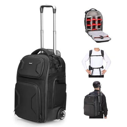 Neewer 2 in 1 Camera Roller Bag with Detachable Shockproof Dividers Retractable Handle Waistband Rain Cover Water Resistant Robust Carry On Backpack for Camera Tripod Flash Lens Laptop, Black, PB027 - style: Pb027