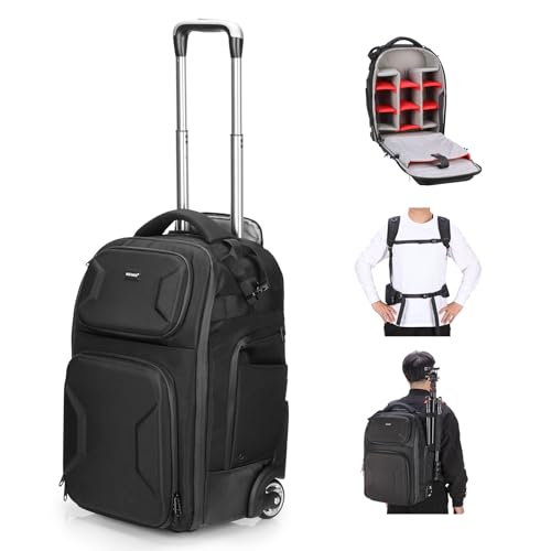 Neewer 2 in 1 Camera Roller Bag with Detachable Shockproof Dividers Retractable Handle Waistband Rain Cover Water Resistant Robust Carry On Backpack for Camera Tripod Flash Lens Laptop, Black, PB027 - style: Pb027