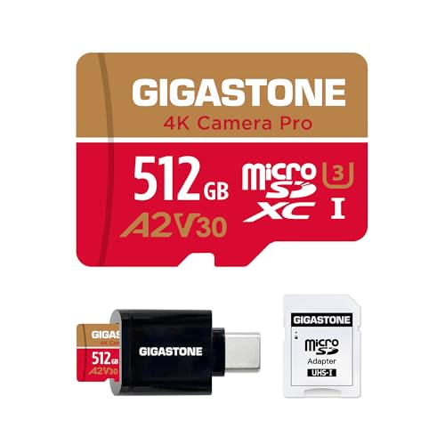 [5-Yrs Free Data Recovery] Gigastone 512GB Micro SD Card, 4K Camera Pro, A2 V30 UHS-I U3 C10, Up to 150/120MB/s, for Smartphone, GoPro, Action Cam, 4K UHD Video, with Adapter & USB-C Card Reader - color: 512GB 4K Camera Pro 1-Pack + USB C Card Reader