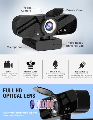 Tewiky Full HD Webcam with Built-in Microphone and Rotatable Tripod, 2K Video and Wide Angle Camera, Privacy Cover, for Desktop PC or Laptop Computer - style: 2K Webcam with USB Cable