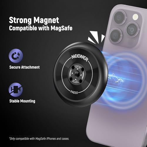 Neewer Magnetic Phone Tripod Mount Adapter with Adhesive Magnetic Ring 2 Pack Compatible with MagSafe iPhone 16 15 Pro Max Plus 14 13 12, 1/4" Thread for Video Recording Selfie Stick Ring Light, PA010 - style: PA010(2 Pack) w/Magnetic Ring