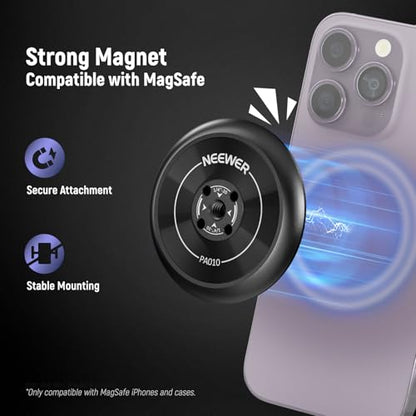 Neewer Magnetic Phone Tripod Mount Adapter with Adhesive Magnetic Ring 2 Pack Compatible with MagSafe iPhone 16 15 Pro Max Plus 14 13 12, 1/4" Thread for Video Recording Selfie Stick Ring Light, PA010 - style: PA010(2 Pack) w/Magnetic Ring