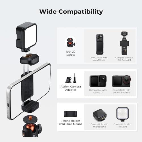 K&F CONCEPT MS62 25.6'' Mini Selfie Stick Tripod Stand | 5 Levels 360° Ball Head, Cold Shoe, Compatible with DJI Osmo Pocket 4/3 Action5 GoPro Hero13 Insta360 Luna Ultra