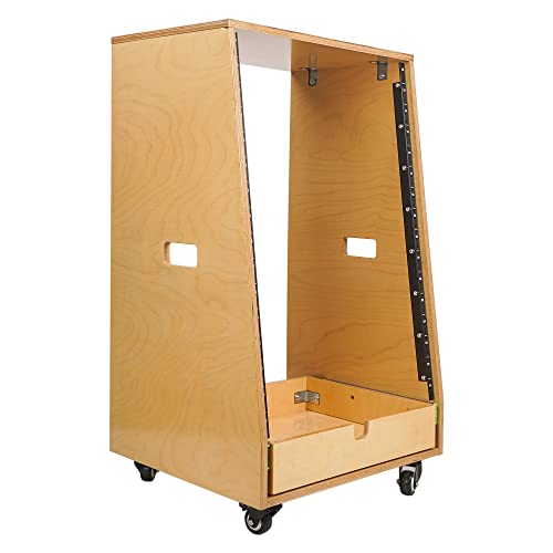 Sound Town DIY 16U Slanted Recording Studio Rack with Extra 2U Drawer, Rubber Feet & Casters, Solid Baltic Birch Plywood Audio Equipment Rack, Golden Oak (SDRK-16TD2) - size: 16U, Golden Oak, Slanted w/ Drawer