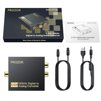PROZOR 192Khz Digital to Analog Audio Converter Support 5.1CH Optical to RCA Converter with Magnetic Ring Power Cord Digital Toslink SPDIF to Analog L/R RCA 3.5mm Adapter for HDTV Blu-Ray DVD PS3 PS4 - size: Aluminum Alloy Shell, style: 5.1CH Dolby Digita