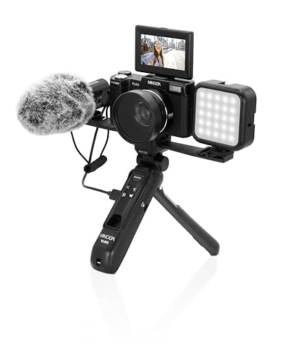 Minolta 64MP 4K60FPS VLOG Camera Kit – Digital Autofocus Camcorder with Tripod, Remote, Mic, LED Light, 3-inch LCD Screen, Time-Lapse, Slow Motion, Wide Angle Lens, 32GB Card, USB