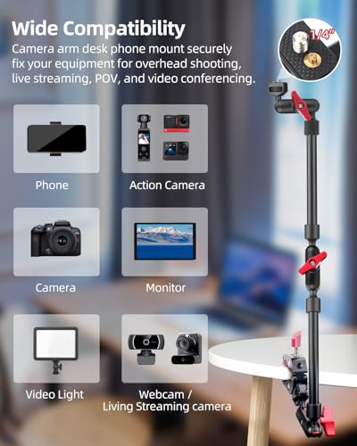 22" Magic Arm w Clamp Mount, Overhead Desk Phone Mount Stand, Adjustable Articulating Friction Camera Boom Arm w 1/4" Thread for Phone Video Light Webcam Action Camera Tripod Mic - size: 22IN-RB