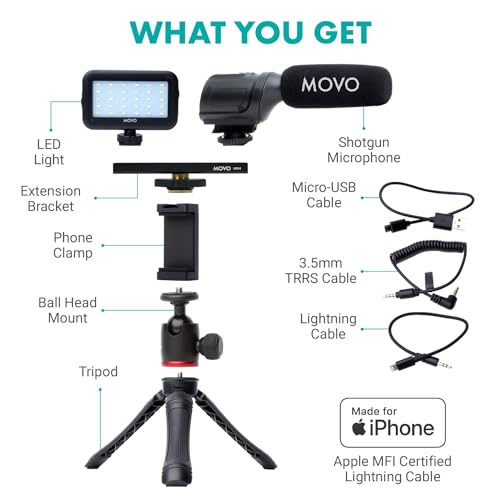 Movo iVlogger Vlogging Kit for iPhone - Lightning Compatible YouTube Starter Kit for Content Creators - Accessories: Phone Tripod, Phone Mount, LED Light and Shotgun Microphone - size: Lightning