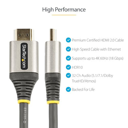 StarTech 3ft Premium Certified HDMI 2.0 Cable, 4K 60Hz, HDR10, M/M | UHD HDMI Video Cord, ARC, TPE Jacket, For UHD Monitors, TVs, Displays, HDMMV1M, Male to Male - size: 3.3 ft / 1 m