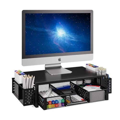 Simple Trending Desk Organizer and Accessories, 2-Tier Computer Monitor Stand Riser with Drawer & 2 Pen Holders, Office Desk Accessories & Workspace, Laptop & Printer Stand for Desktop, Black - size: 18.5"W x 9.5"D x 4.75"H