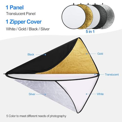 EMART 24'' (60cm) 5 in 1 Photo Collapsible Photography Reflector with Bag - Portable Camera Panel for Studio Video,Outdoor Lighting, Indoor Shooting, Portraint -Translucent, White, Silver, Gold, Black
