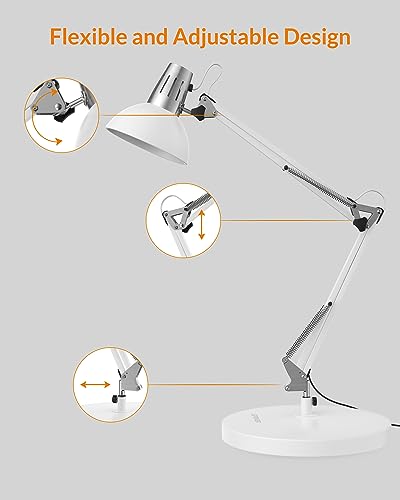 LEPOWER Metal Desk Lamp, Adjustable Goose Neck Architect Table Lamp with On/Off Switch, Swing Arm Desk Lamp with Clamp, Eye-Caring Reading Lamp for Bedroom, Study Room &Office (White) - color: White