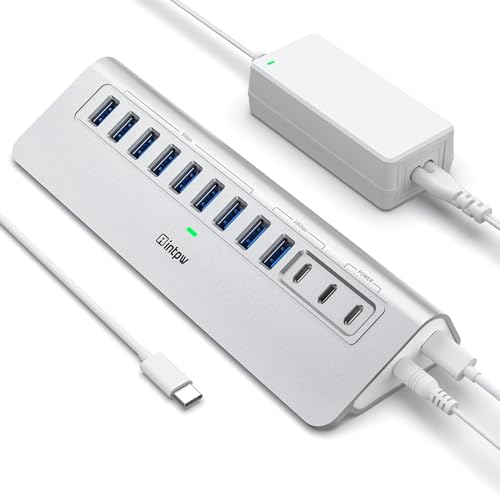 Powered USB Hub 10Gbps, intpw YH9AC 12 Port USB C Hub with 10Gbps USB C 3.2+2 USB A 3.2, 7 USB 3.0, 2 PD 45W Charging Port, 65W Power Adapter + 3.3FT Cable, Aluminum USB Hub for PC/Laptop/iPhone 17/16 - color: Silver, size: 12 Port