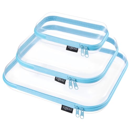 YQBRAO Clear Hard Shell Organizer Cases, 3-Pack, Blue | Large, medium & small rigid PET organizers for travel, tech accessories, beauty products and everyday storage - color: Blue, size: LMS