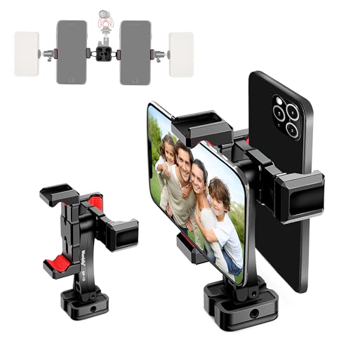 Manbily Phone Tripod Mount, Metal Smartphone Mount Adapter with Dual Phone Holder, 360° Swivel 180° Flip Adjustable Clip Clamp with Cold Shoe, for Selfie Stick Vlog Live Streaming